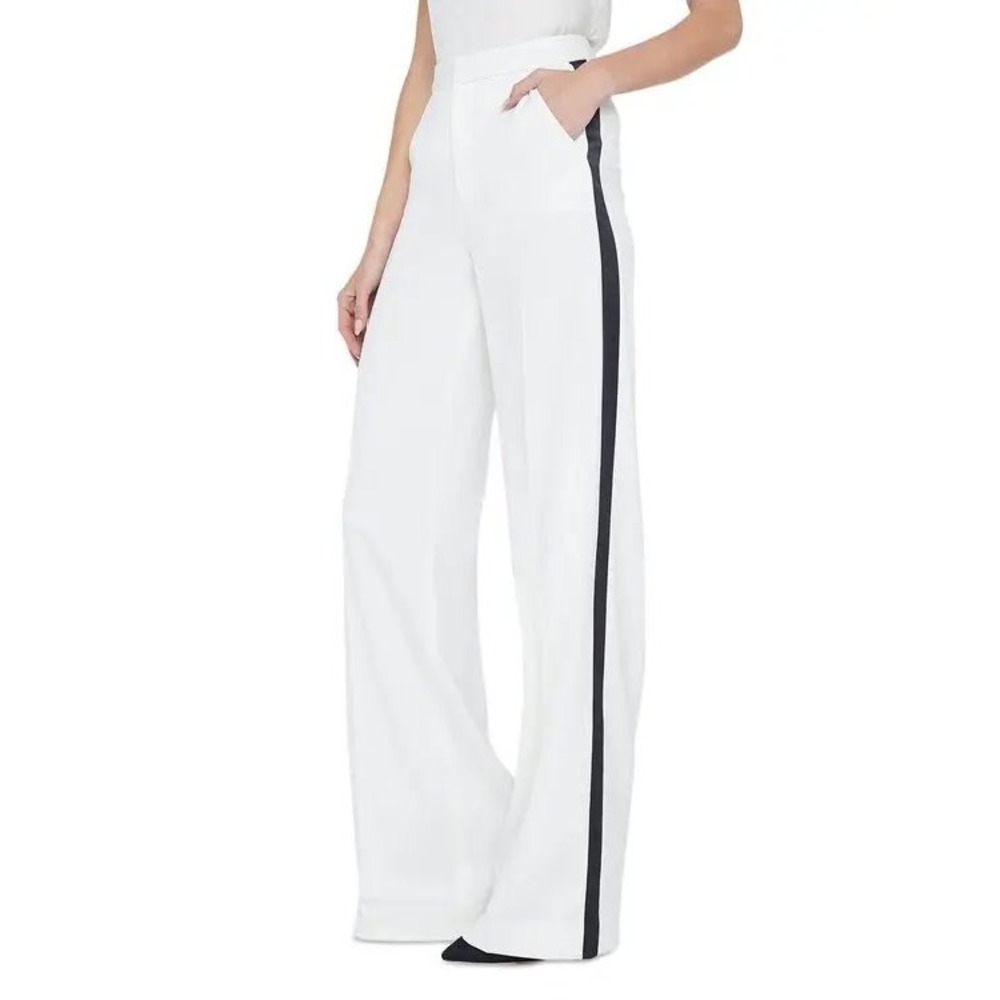 L'AGENCE White Wide Leg Tuxedo Stripe Trousers Size 6 Black Side Trim Pants